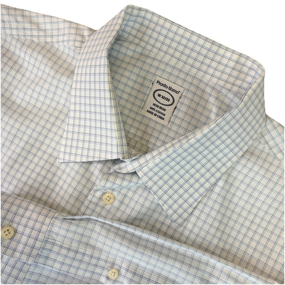 Pronto Uomo Dress Shirt Mens 18 32/33 Checkered Non Iron Classic Fit 100% Cotton